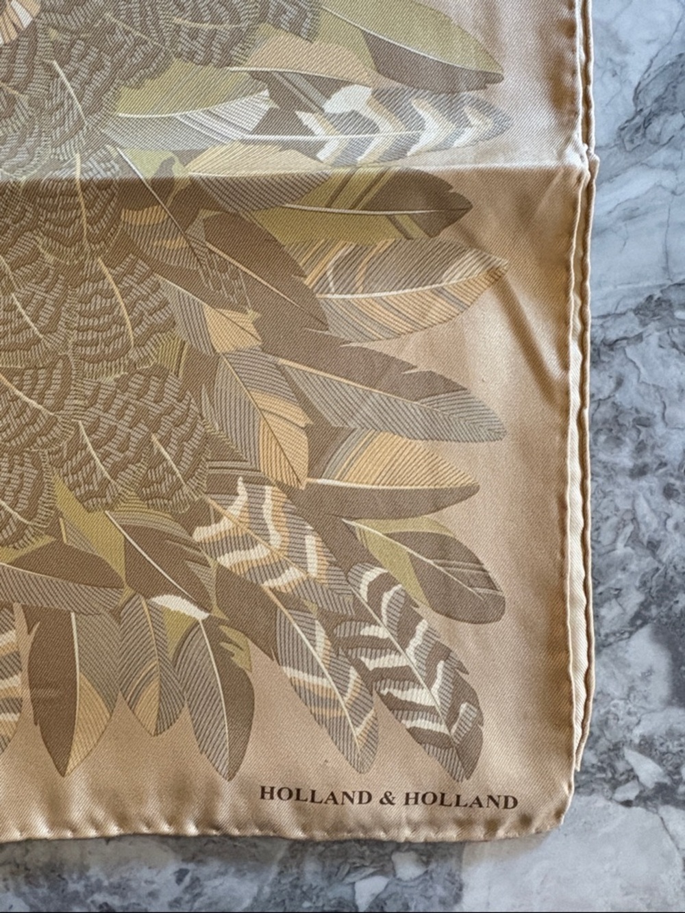 Vintage Holland & Holland Beige Feather Print Silk Scarf